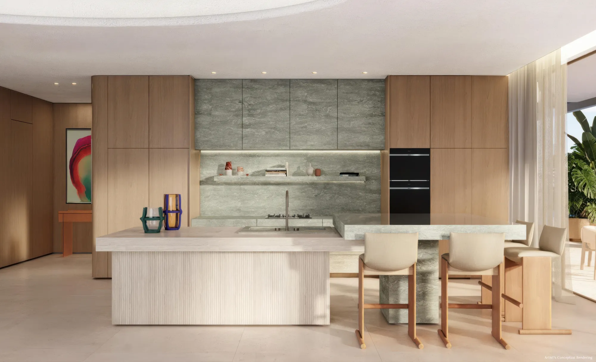 Residence kitchen with stone island, wood cabinetry and integrated appliances