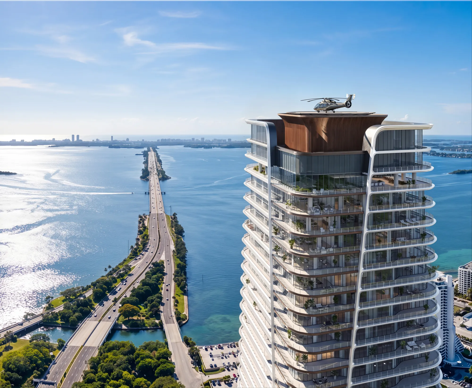 Anantara Residences Miami tower by KPF rising over Biscayne Bay with rooftop helipad